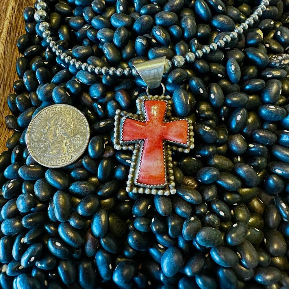 Sterling Silver and Red Spiny Cross Pendant